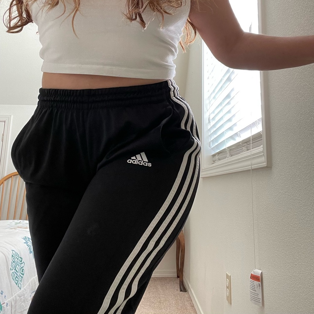 Adidas Black and White Track Pants with Signature Stripes